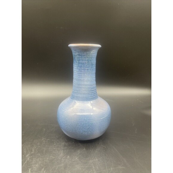 VTG Ceramic Glazed BLUE Ring Pattern Vase 9.5” Signed RARE - Picture 3 of 7